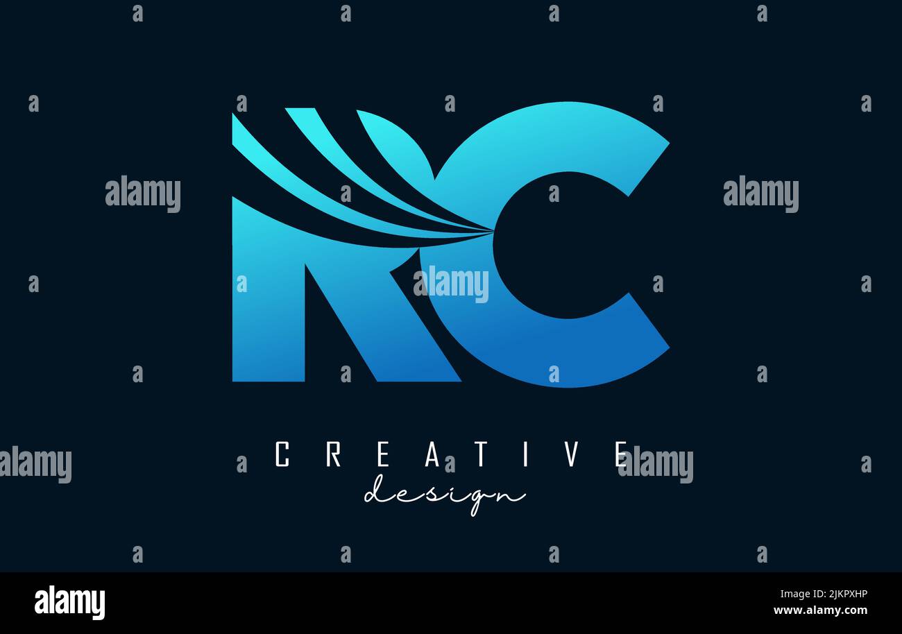 Creative blue letter RC r c logo with leading lines and road concept ...