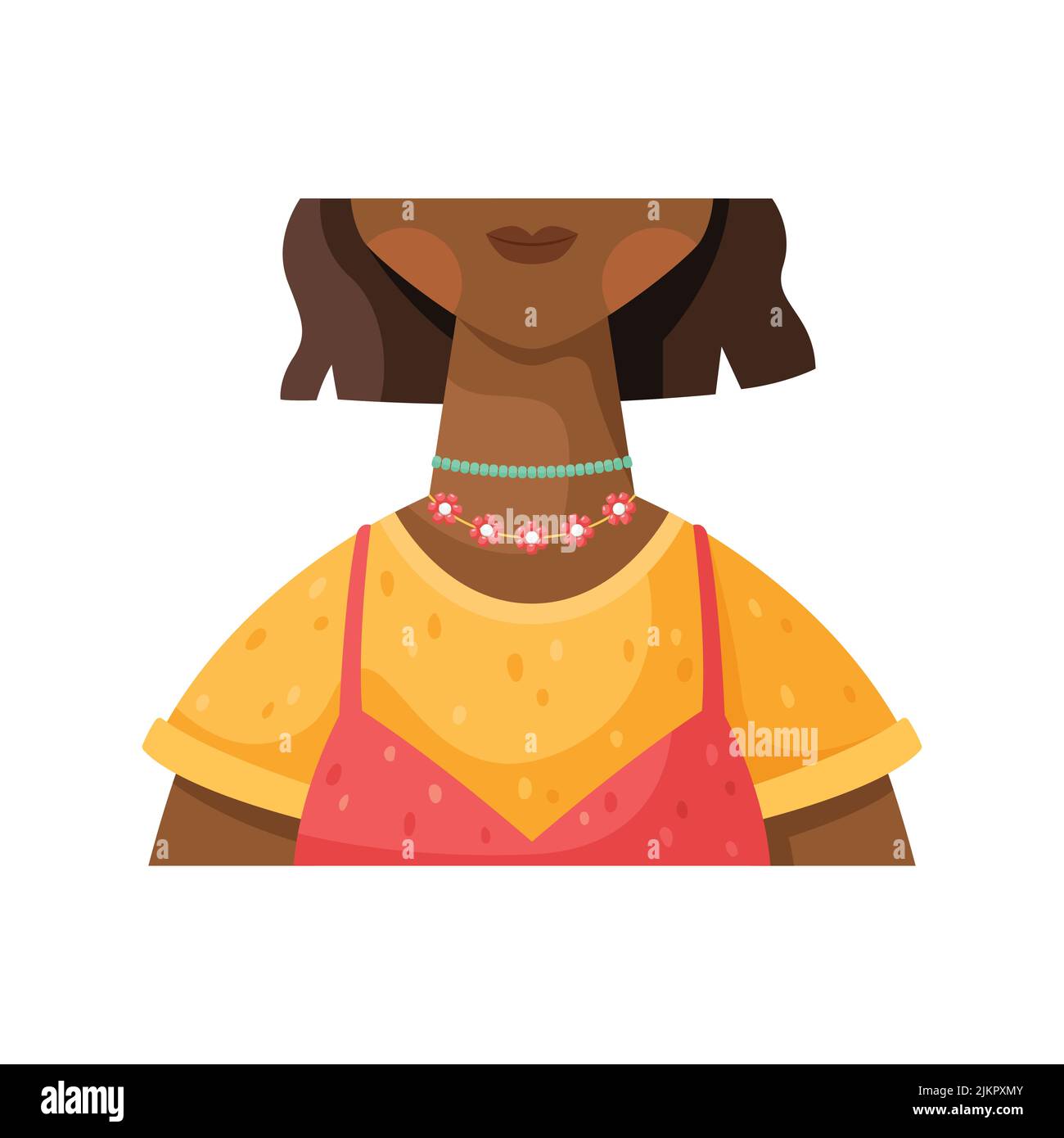 Vector illustration of an African-American girl in fashionable clothes and a beaded necklace. The style of the 90s. Stock Vector