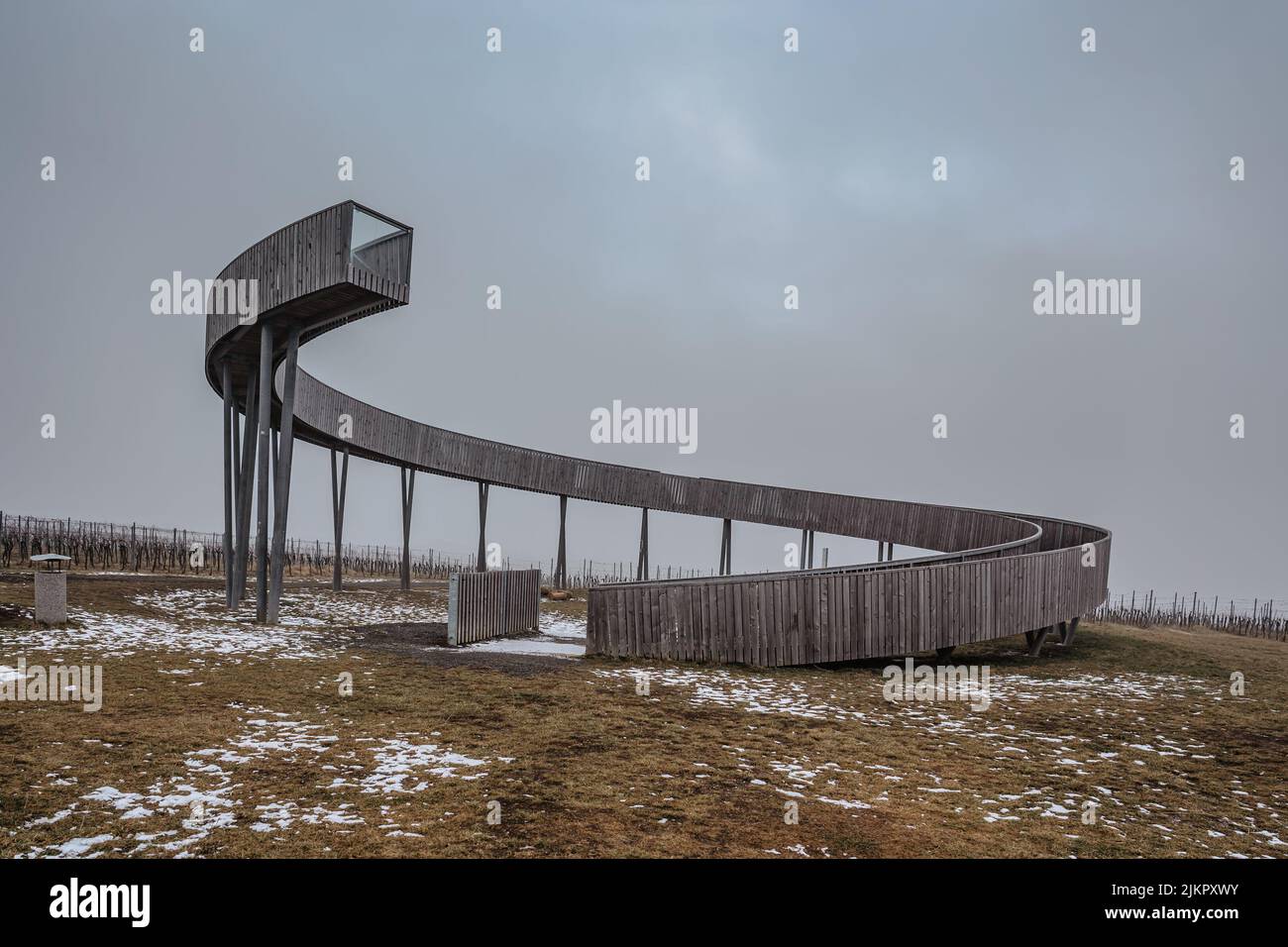 Lookout tower at Kobyli Vrch, South Moravia region,Czech republic.Wooden spiral construction within vineyards.Palava hills,famous wine area.Winter Stock Photo