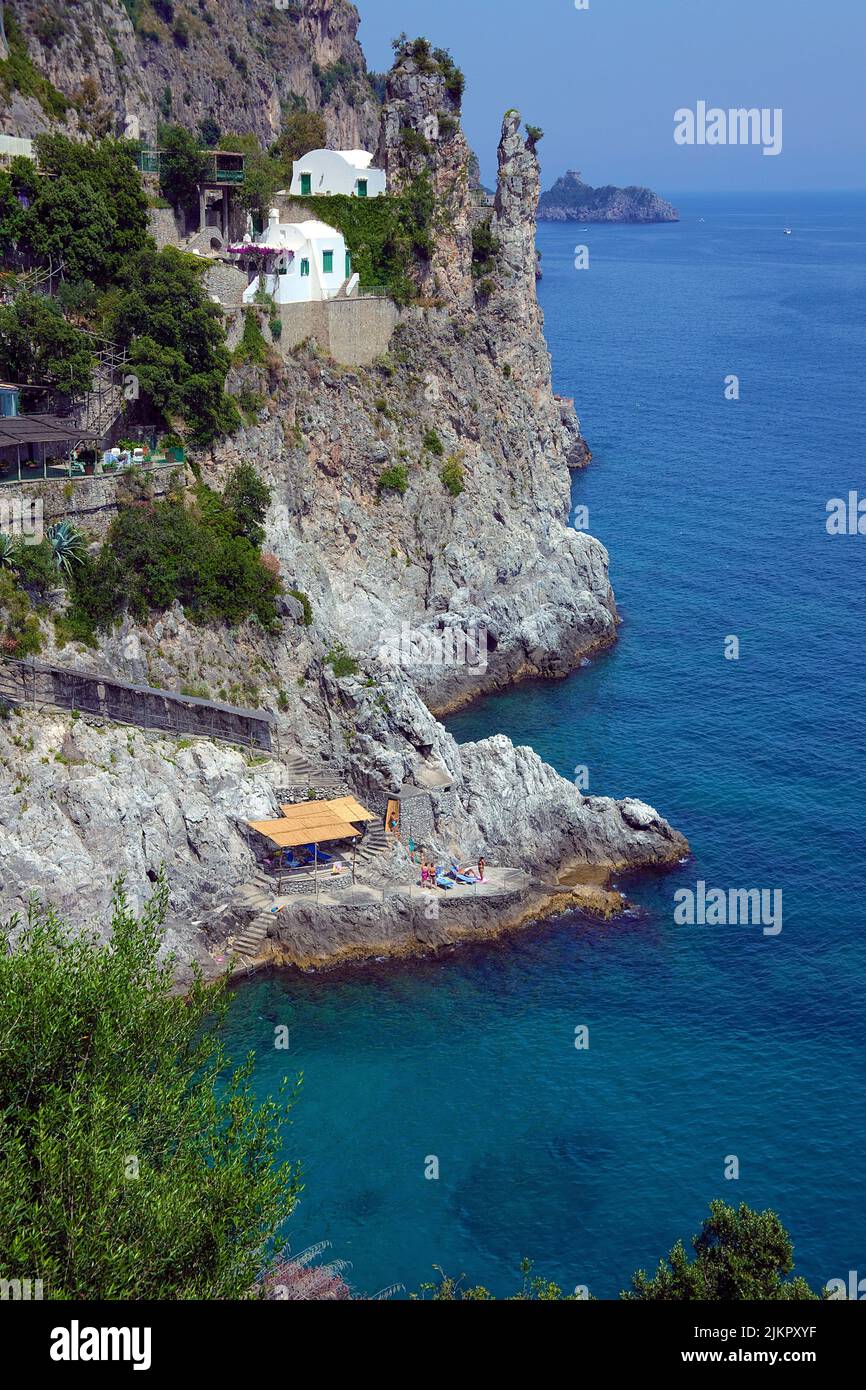 Steep coastline with cliff houses at Furore, Amalfi coast, Unesco World Heritage site, Campania, Italy, Europe Stock Photo