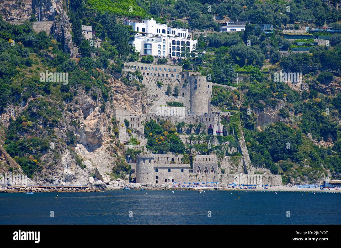 Castle at the steep coastline of Amalfi coast, Unesco World Heritage site, Campania, Italy, sea, Europe Stock Photo