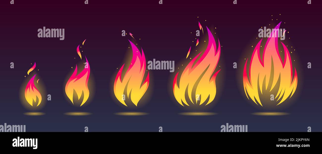 Vector illustration set of growing fire flames icons on dark background. Flame in different shapes, vector. Stock Vector