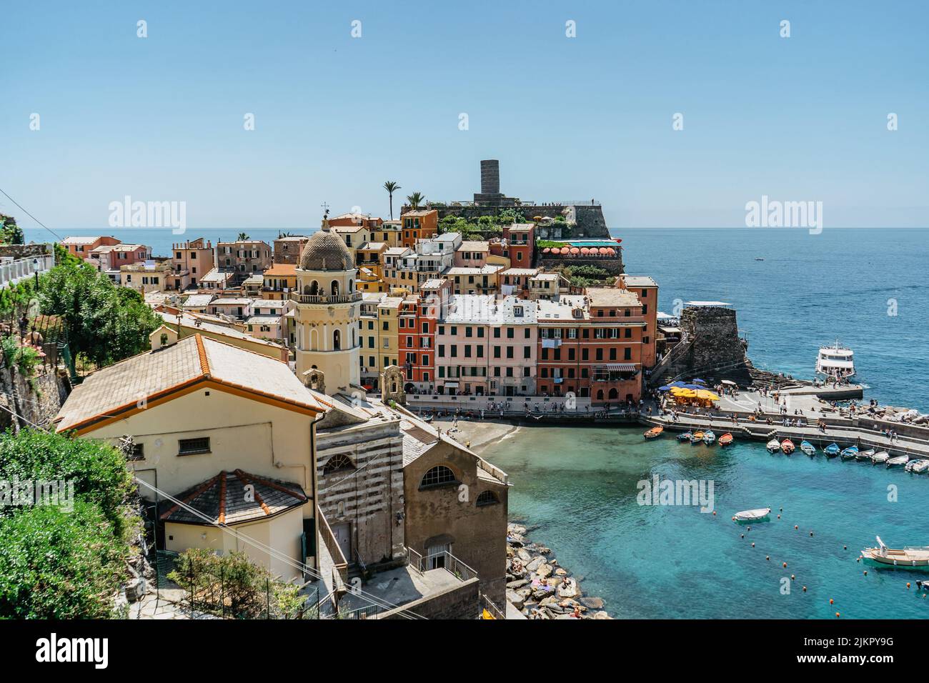Aerial view of Vernazza and coastline of Cinque Terre,Italy.UNESCO Heritage Site.Picturesque colorful village on rock above sea.Summer holiday,travel Stock Photo