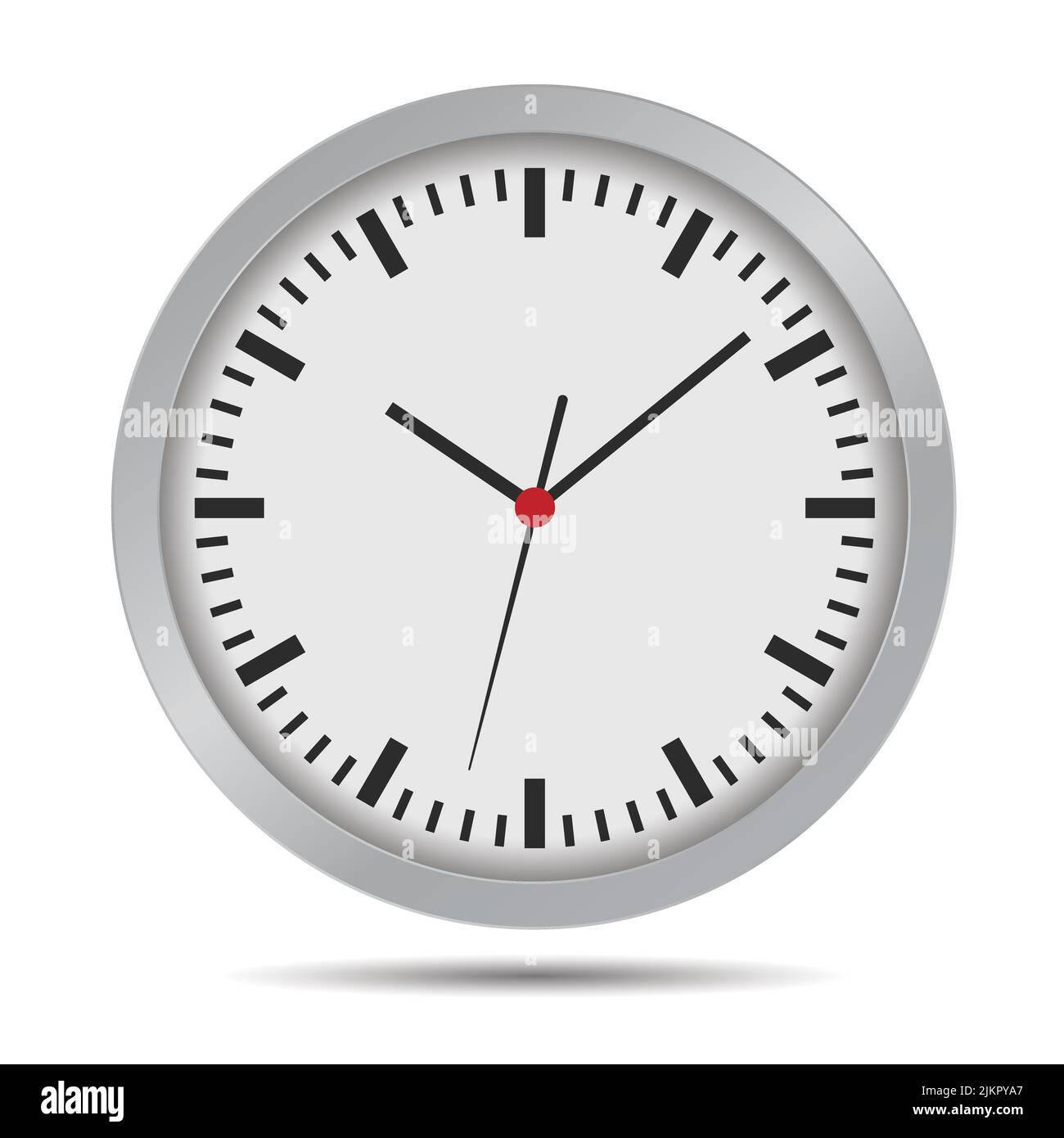 Flat design illustration of a bright wall clock. Round dial with minute, hour and second hands