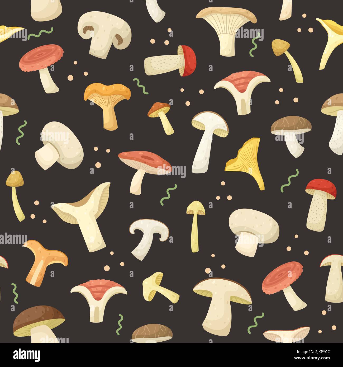 Vector seamless pattern with different types of mushrooms. Stock Vector