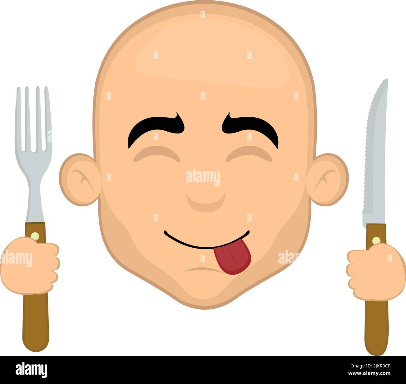 Vector illustration of the face of a cartoon bald man with a yummy