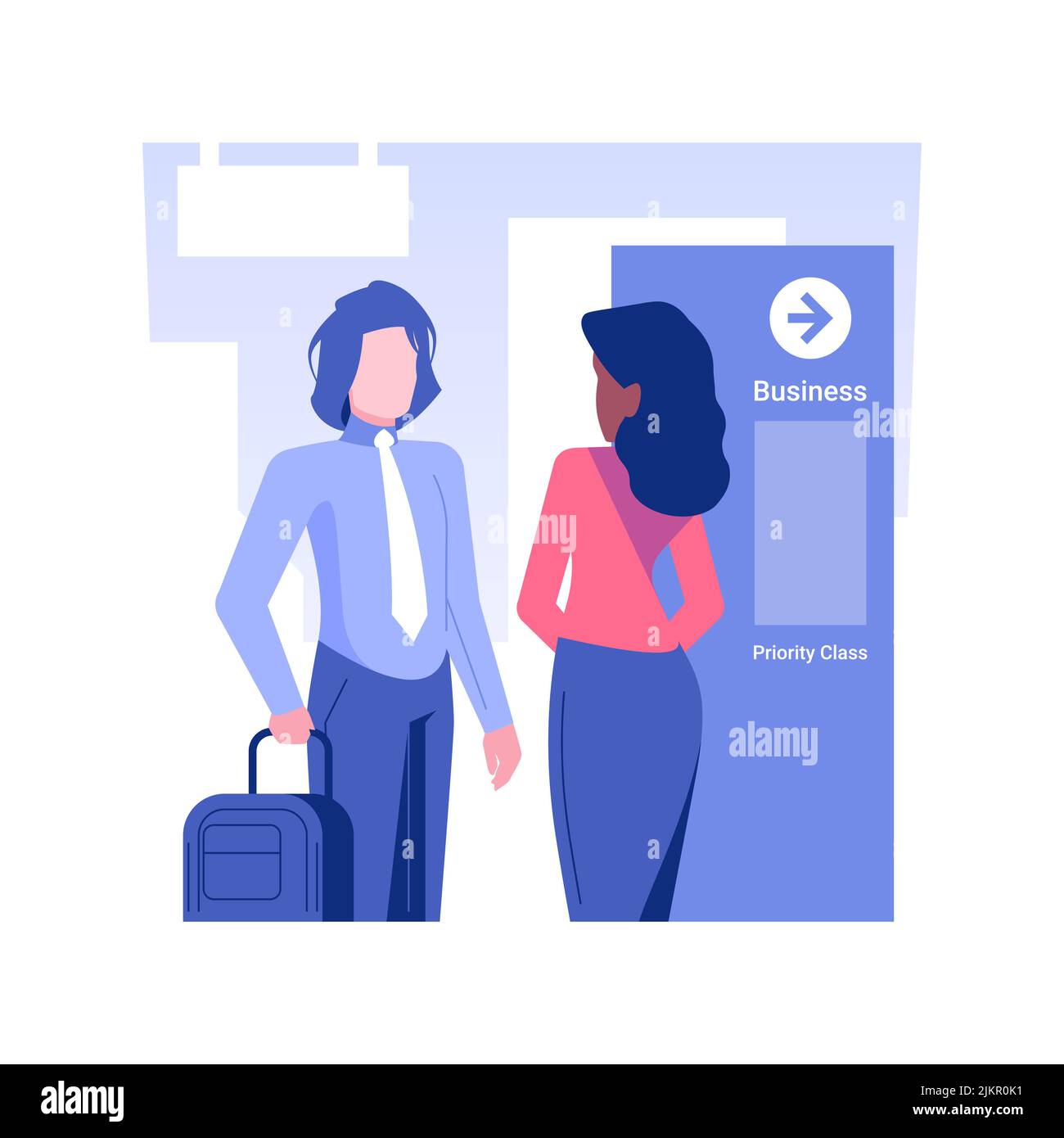 Priority line isolated concept vector illustration. Man with personal priority line agent, business class travel, passengers luxury trip, fast check in, departure hall vector concept. Stock Vector