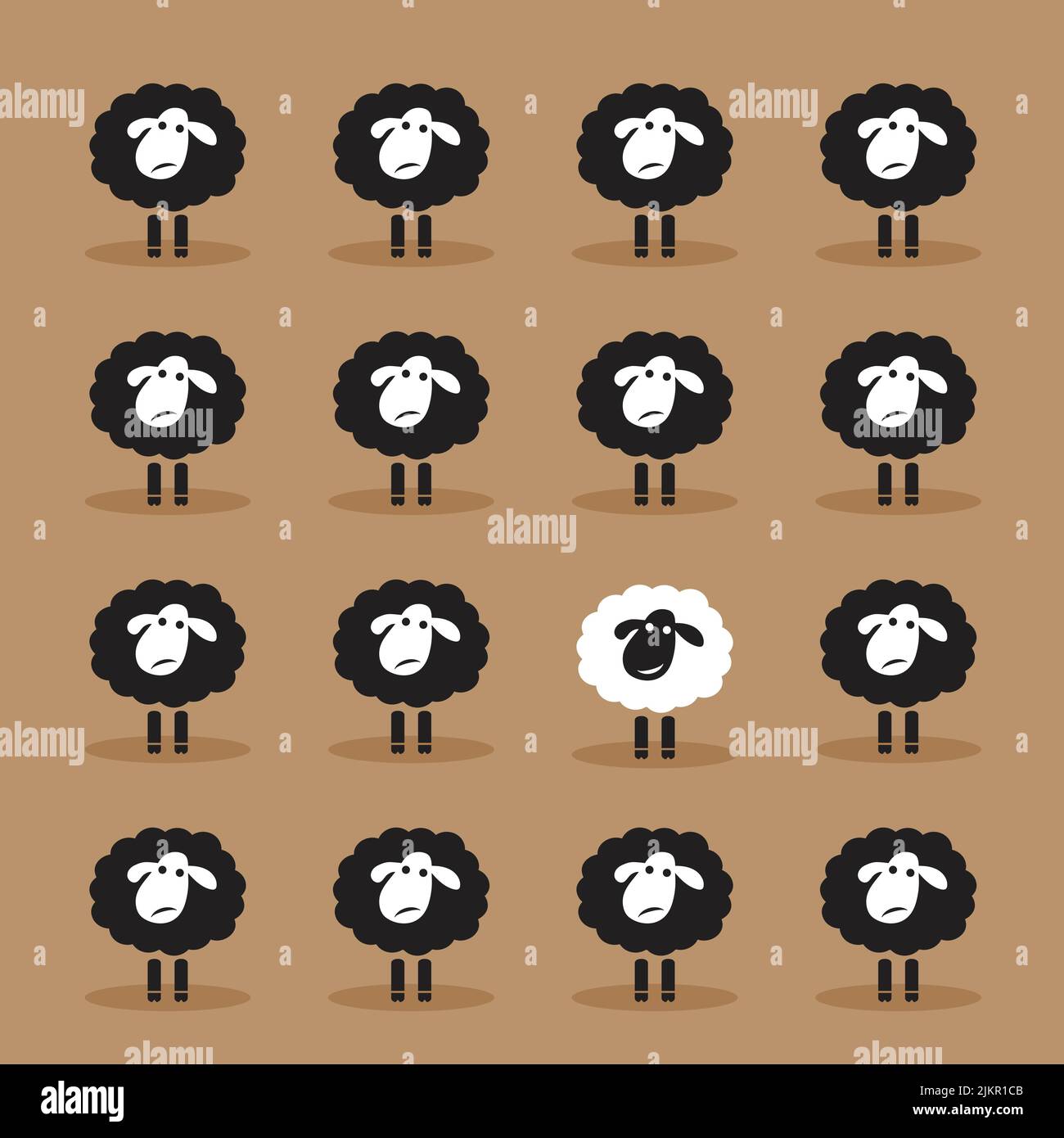 Vector of single white sheep in black sheep group on brown background. Animal. Dissimilar concept. Stock Vector