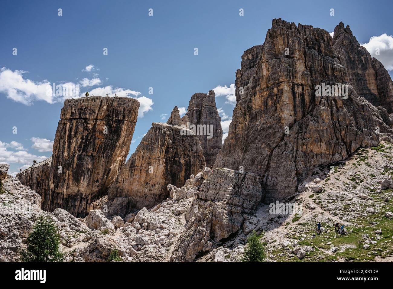 Climbing in Cinque Torri,Dolomites,Italy.Five towers and rock formations close to Cortina d'Ampezzo attract many climbers.Picturesque Dolomite Alps Stock Photo