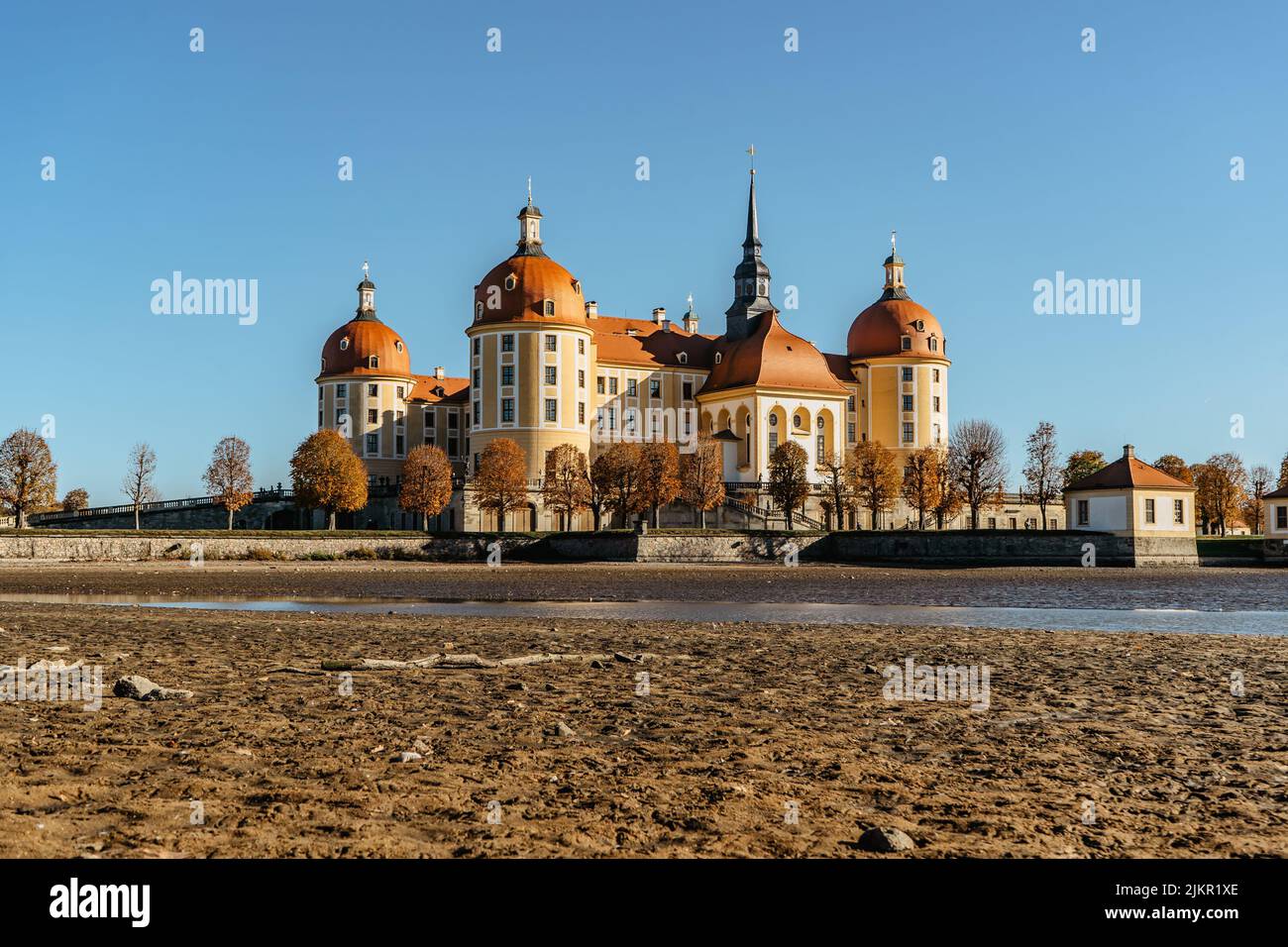 View of fairy tale Moritzburg Castle in Saxony,Germany.Magnificent baroque palace in middle of large pond and park.Popular location for fairy tale Stock Photo