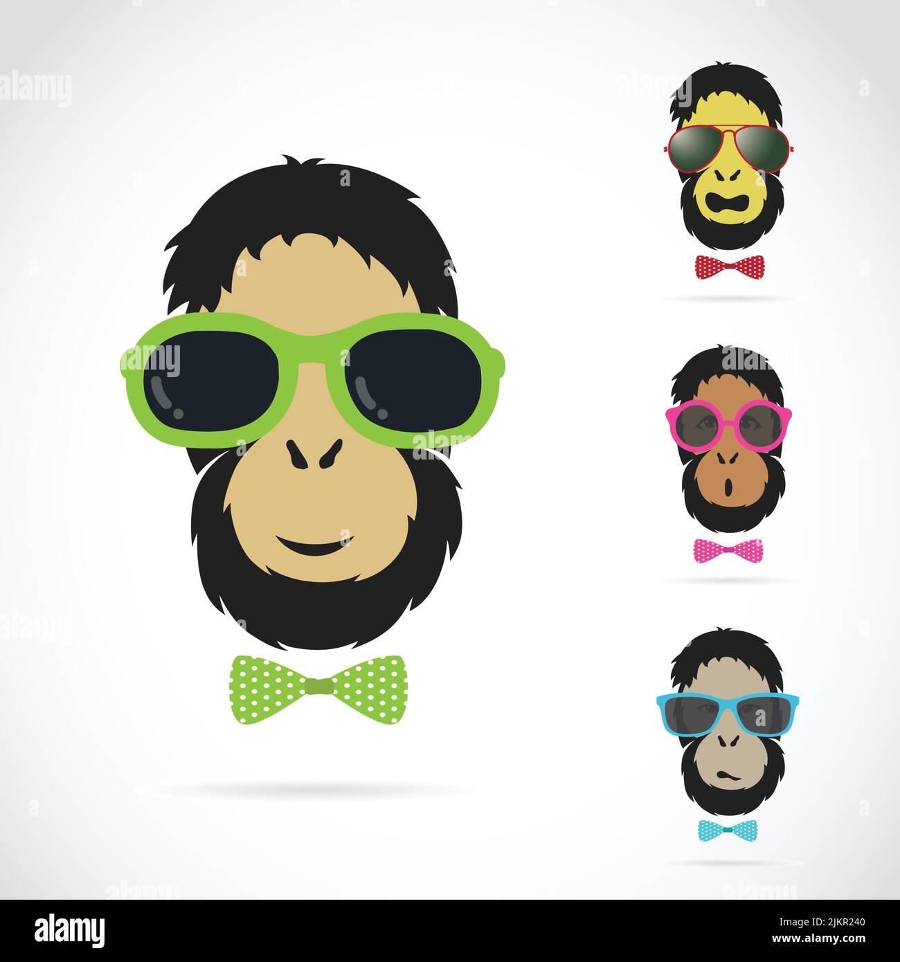 Vector images of orangutan wearing sunglasses on white background. Stock Vector