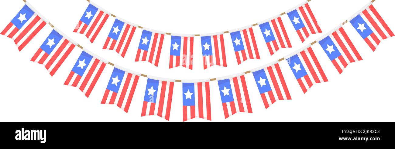 USA flag garland. US patriotic pennants chain. American party bunting decoration. United States flags for celebration. Vector background. Stock Vector