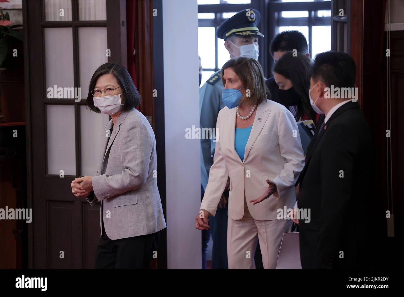Taipei, Republic of, China. 03rd Aug, 2022. Taiwan President Tsai Ing-wen, left, escorts U.S. Speaker of the House Nancy Pelosi, and delegates prior to their meetings at the presidential office, August 3, 2022 in Taipei, Taiwan. Pelosi is leading a delegation of congressional leaders in a visit that has angered China. Credit: Chien Chih-Hung/Taiwan Presidential Office/Alamy Live News Stock Photo