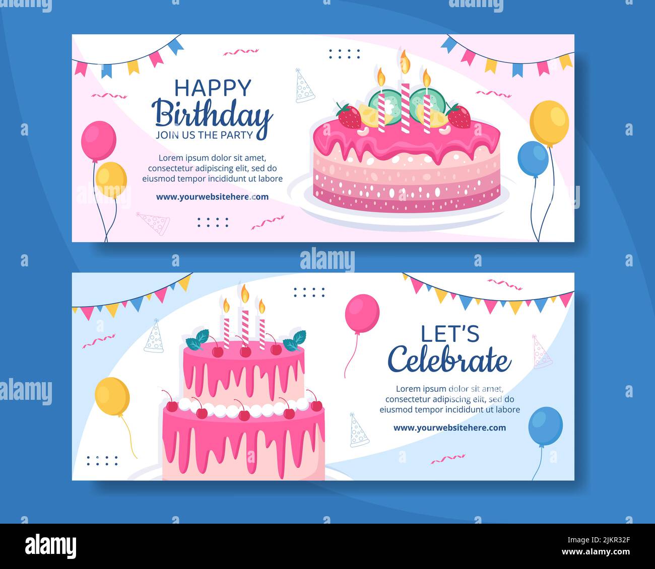 Happy Birthday Party Horizontal Banner Template Flat Cartoon Background Vector Illustration Stock Vector