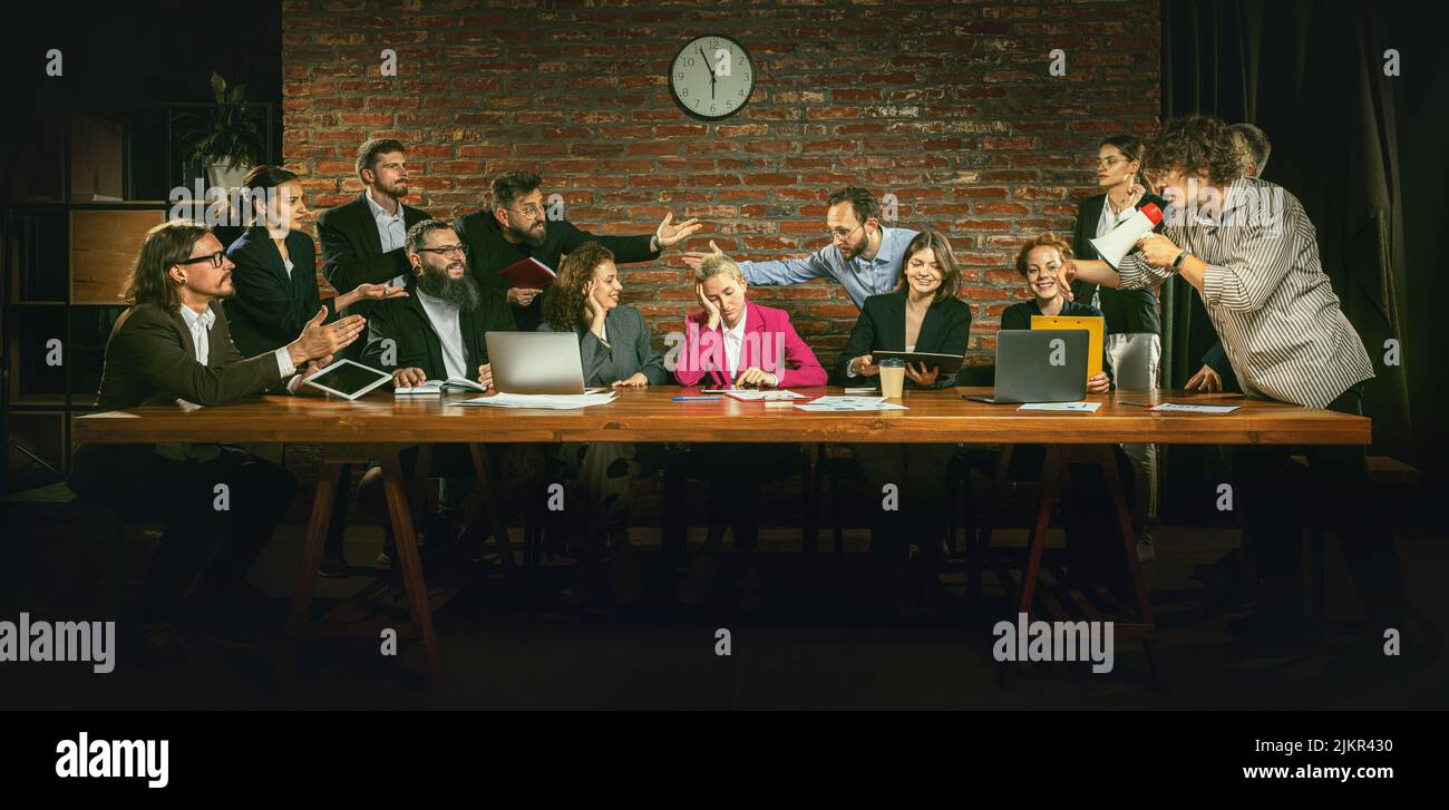 Group of people, active employees lively taking, discussing and arguing