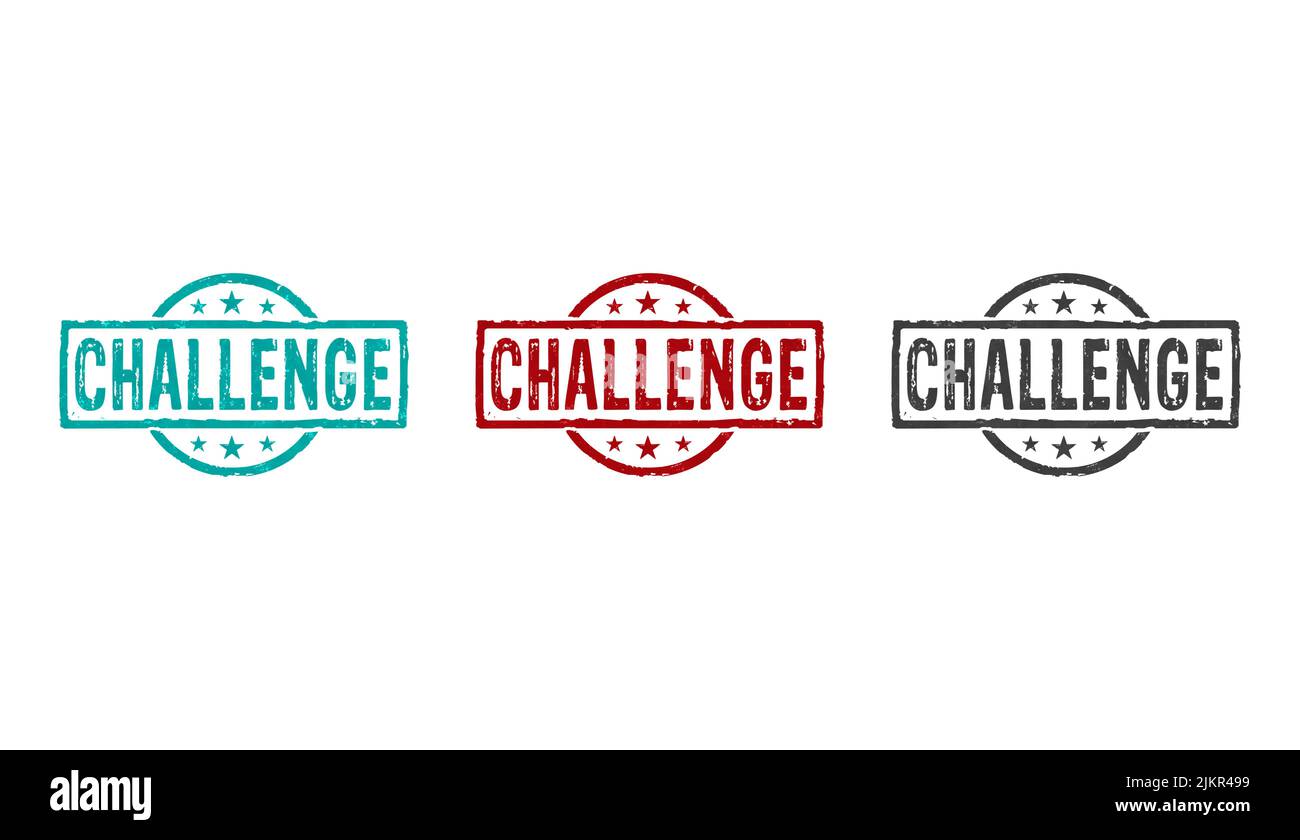 Challenge stamp icons in few color versions. Goal achieving, competition and motivation concept 3D rendering illustration. Stock Photo