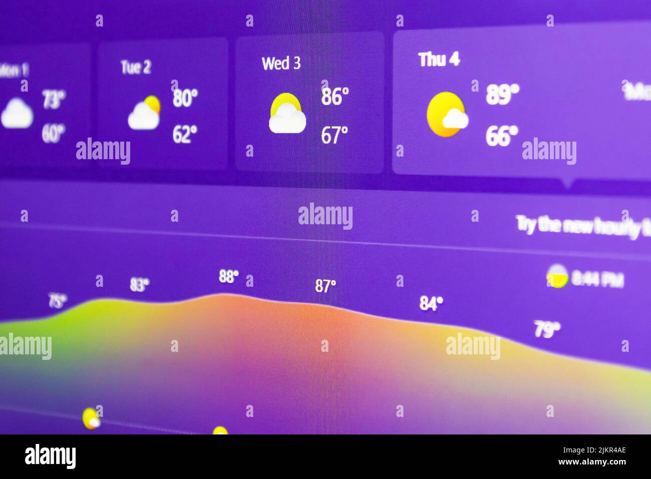 Weather forecast interface on a digital display showing hot weather for ...