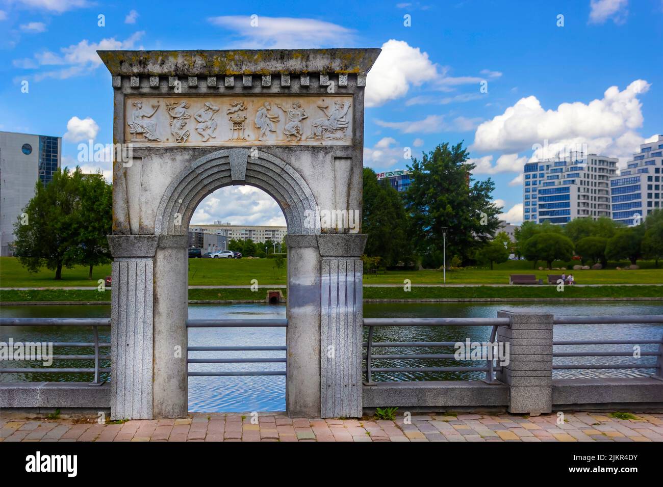 Elements of the architecture of buildings, ancient arches and columns, stucco and patterns. On the street of Minsk, embankment of the river Svisloch Stock Photo