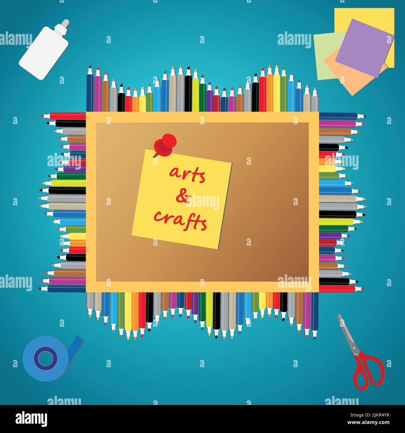 Glue, scissors, pencils, scotch tape, adhesive notes and pin board with the text arts and crafts Stock Vector
