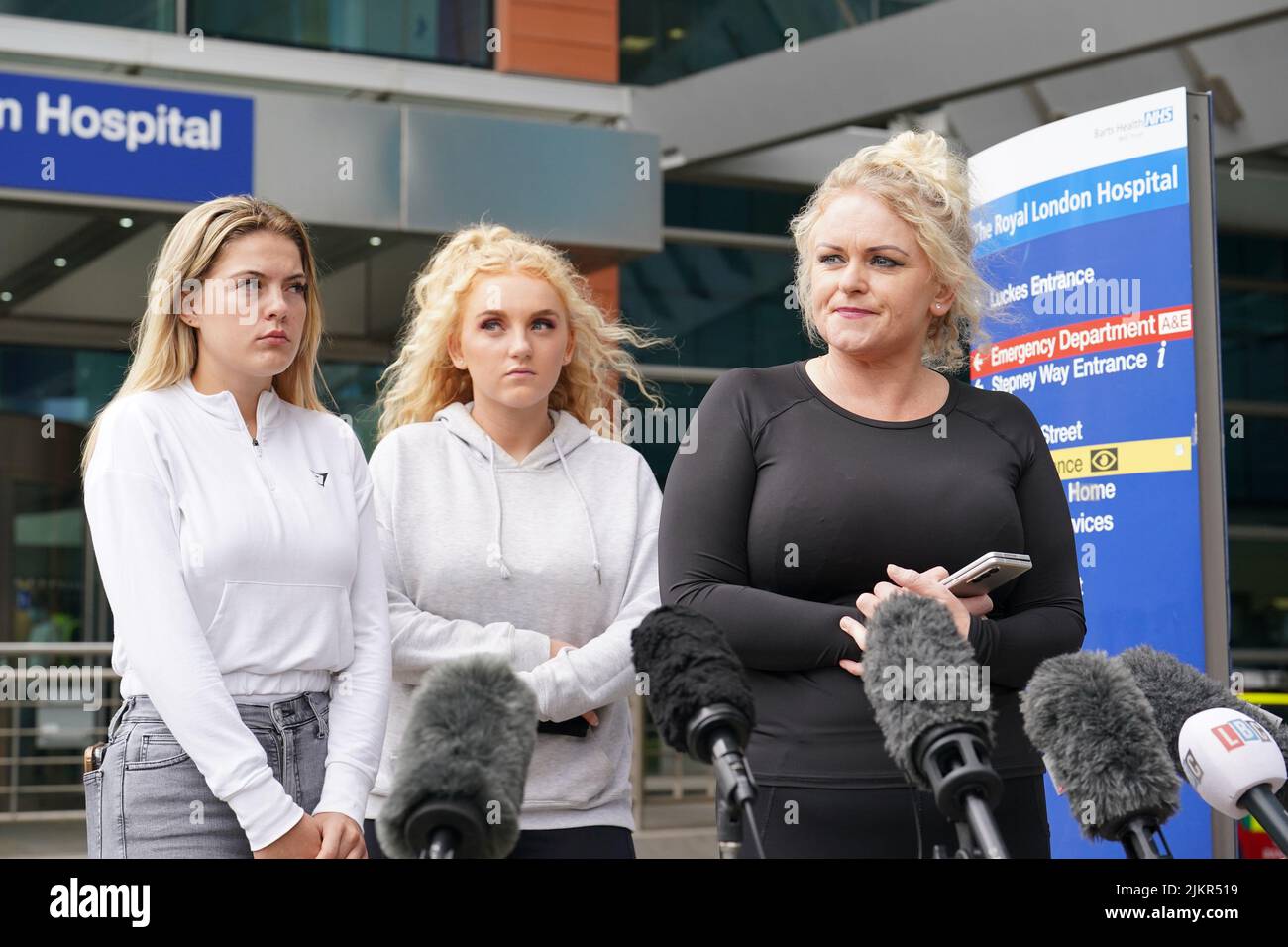 The mother of Archie Battersbee, Hollie Dance (right), speaks to the media outside the Royal London hospital in Whitechapel, east London. His parents have submitted an application to the European Court of Human Rights in a bid to postpone the withdrawal of his life support. Picture date: Wednesday August 3, 2022. Stock Photo