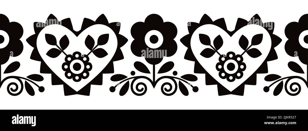 Polish floral folk art vector seamless embroidery band or belt pattern inspired by traditional floral designs Lachy Sadeckie from Poland om black and Stock Vector