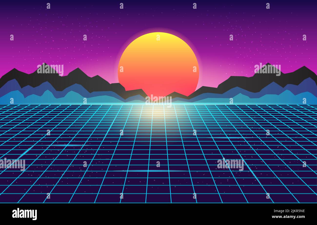 Synthwave Retro Sun Futuristic Geometric Landscape Mountains Sci-Fi Illustration Background Stock Vector