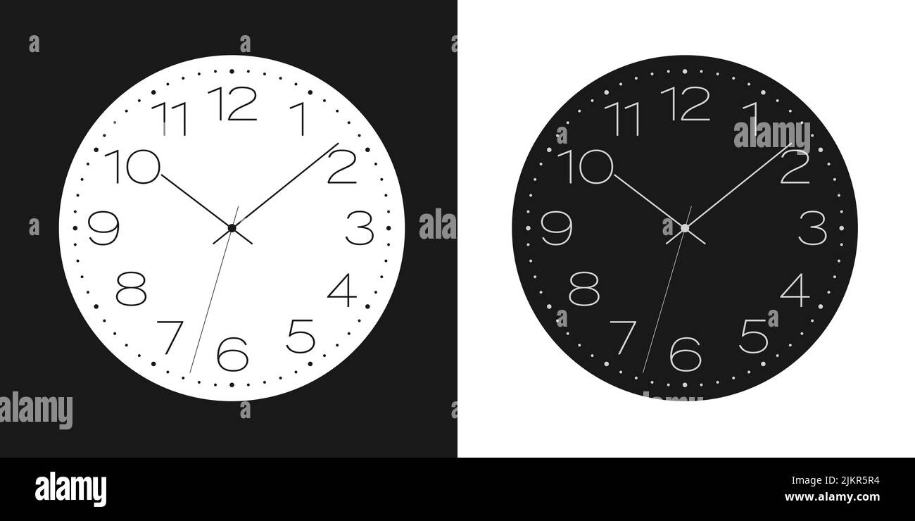 Set flat design illustration of light and dark clock face with numbers. Round dial with minute, hour and second hands - vector Stock Vector