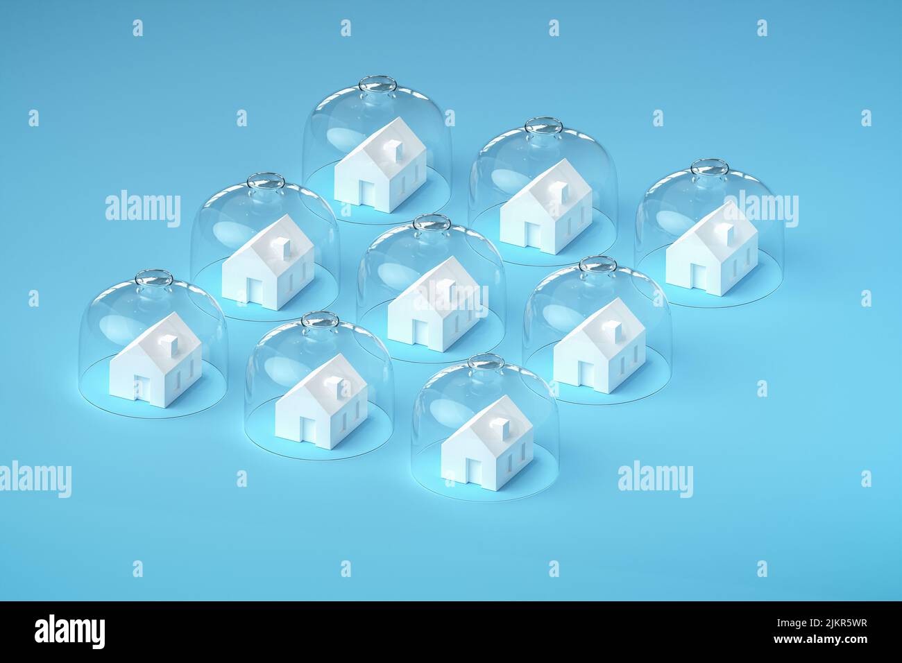 Protecting your property concept - insurance, surveillance. Several model houses with glass domes. Isometric image Stock Photo