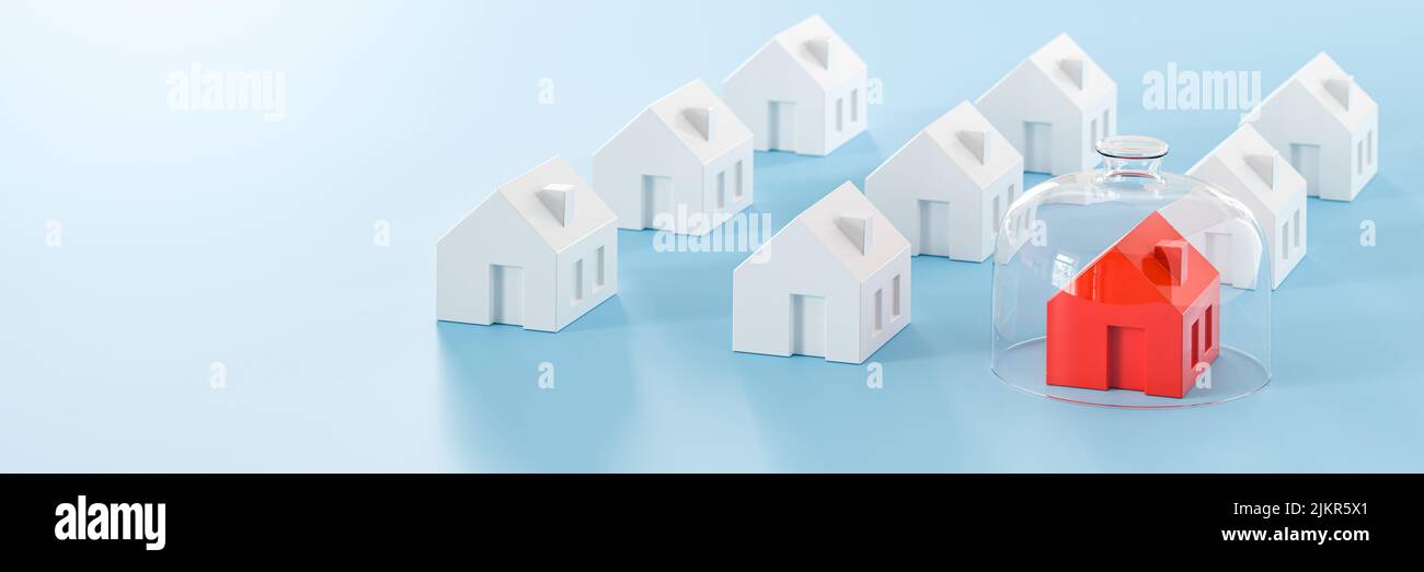 Proptecting your property concept - insurance, surveillance. Several model houses, one in red with a glass dome. Web banner format Stock Photo