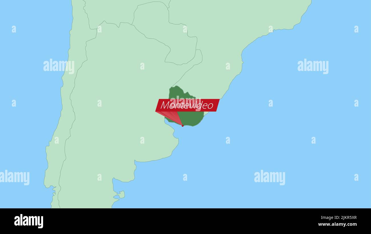 Map of Uruguay with pin of country capital. Uruguay Map with neighboring countries in green color. Stock Vector