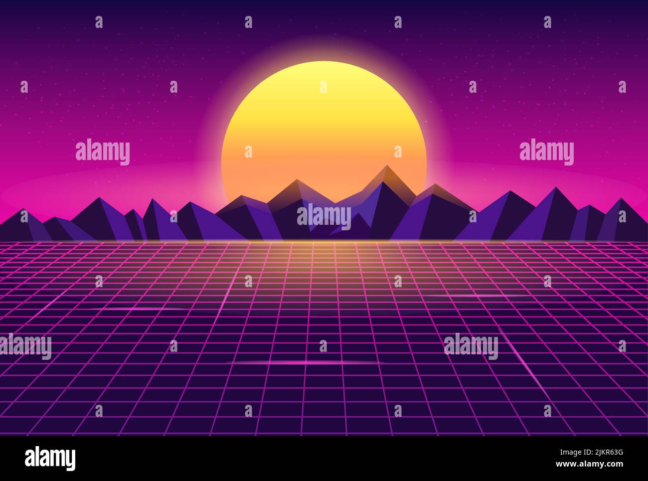 Synthwave Retrowave Sun Illuminated Glowing Mountains Wireframe Landscape Illustration Background Stock Vector