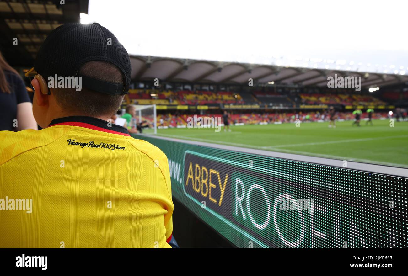 Watford, England, 1st August 2022.  100 years celebrations year at Vicarage Road during the Sky Bet Championship match at Vicarage Road, Watford. Picture credit should read: Simon Bellis / Sportimage Stock Photo