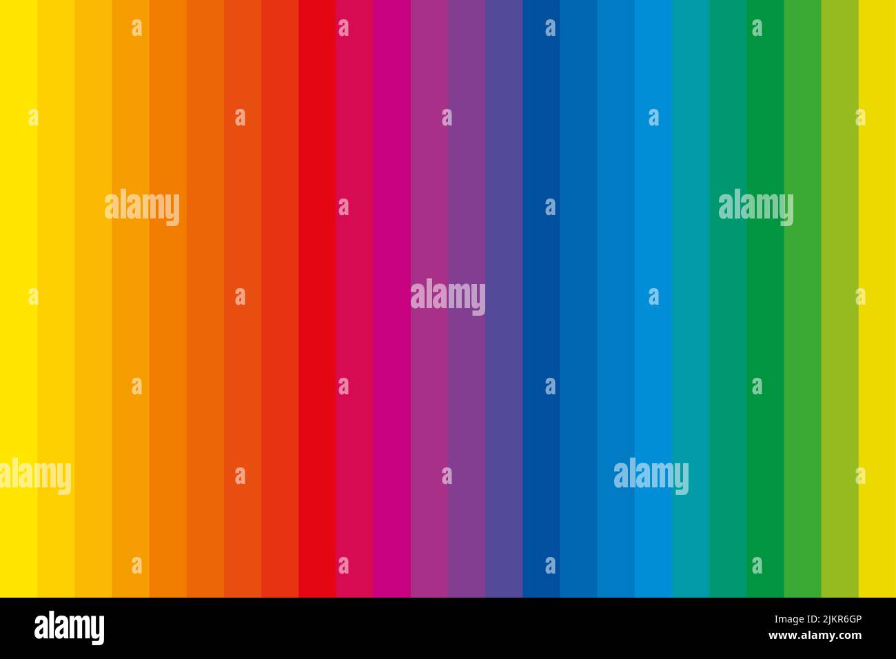 Color bars with complementary colors. Spectrum of 24 rainbow colored strips, unique color hues in a row, derived from a color wheel, being used in art. Stock Photo