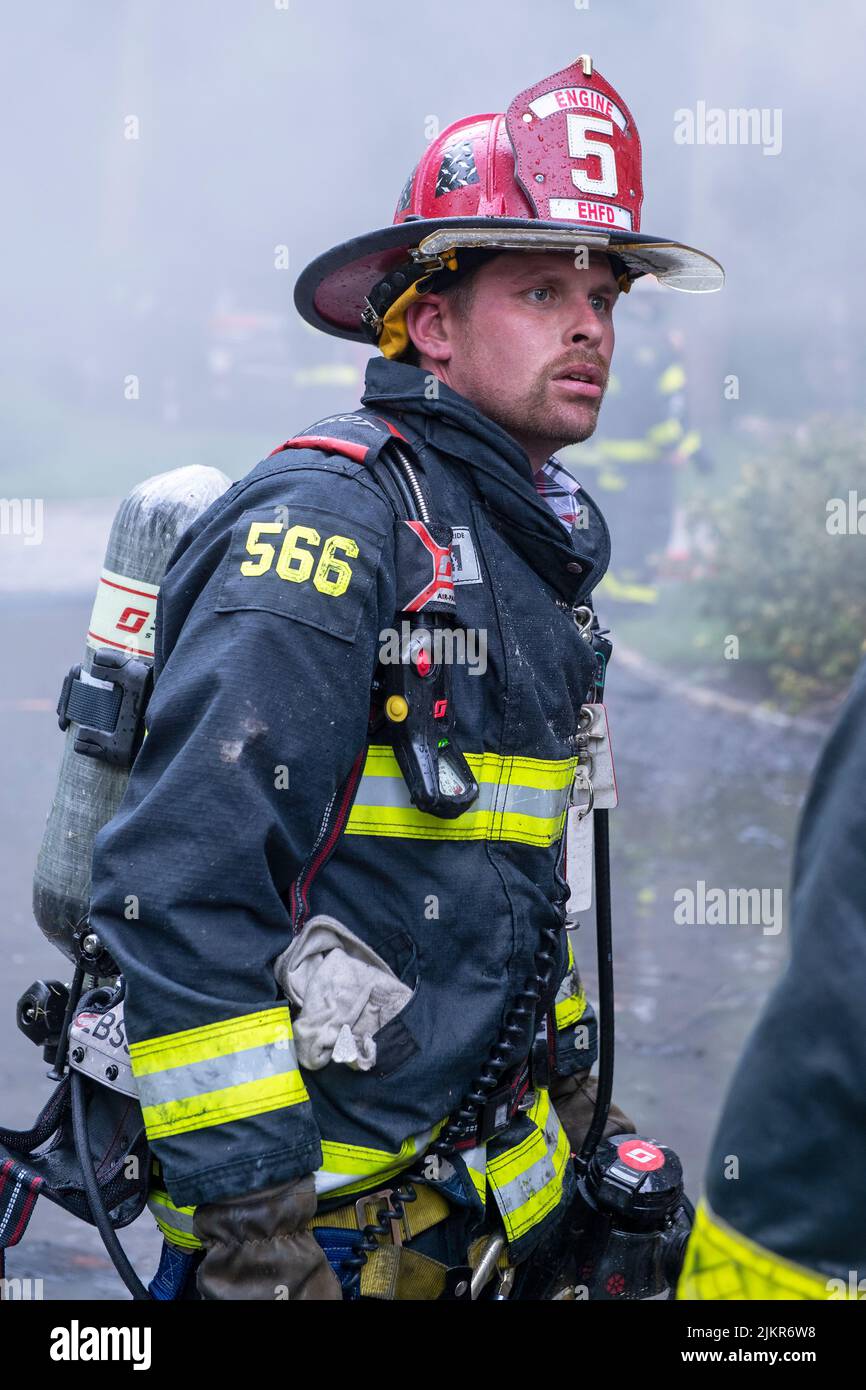 East Hampton firefighter Garrett Rack as the East Hampton Fire Department was dispatched to 11 Roberts Lane at 6:34 p.m. on Sunday, June 7th, 2020 for Stock Photo