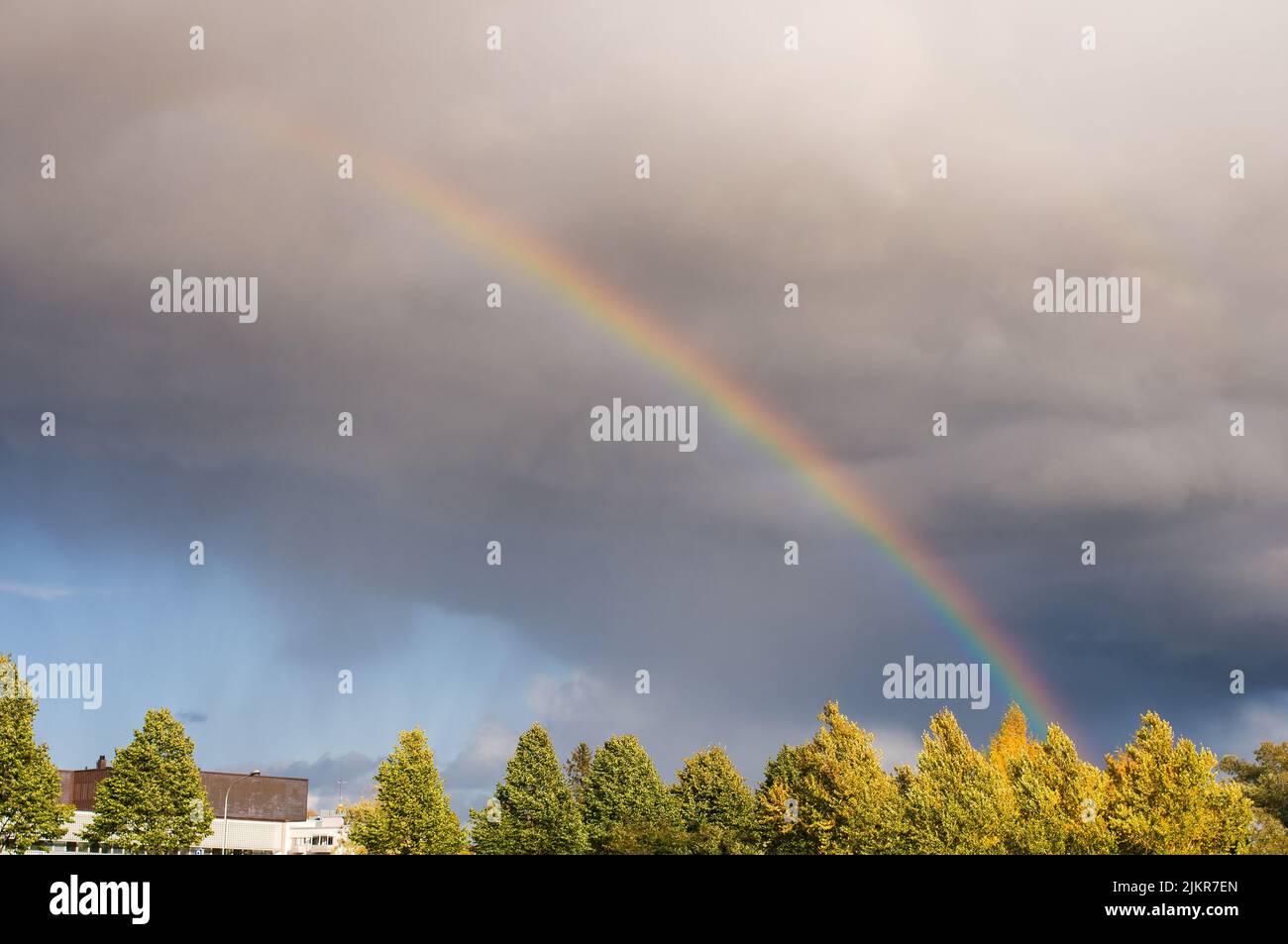 Rainbow over the tree tops, dramatic sky and clouds. Stock Photo
