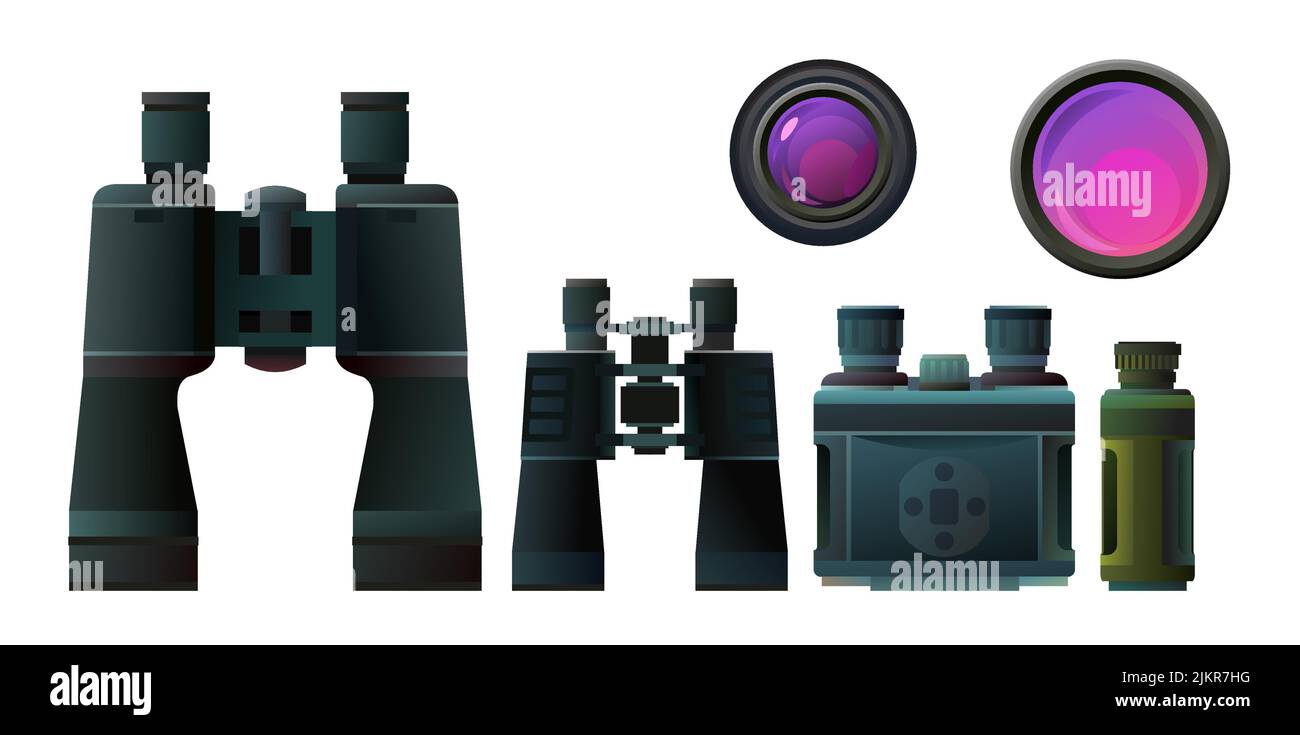 Set of binoculars and lenses. Collection of optical devices. Isolated