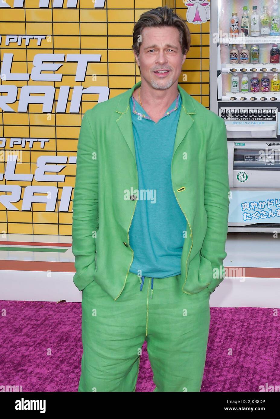 WESTWOOD LOS ANGELES CALIFORNIA USA AUGUST 01 American actor Brad Pitt wearing a custom Haans Nicholas Mott look with adidas x Gucci Gazelle shoes arrives at the Premiere Of Sony Pictures
