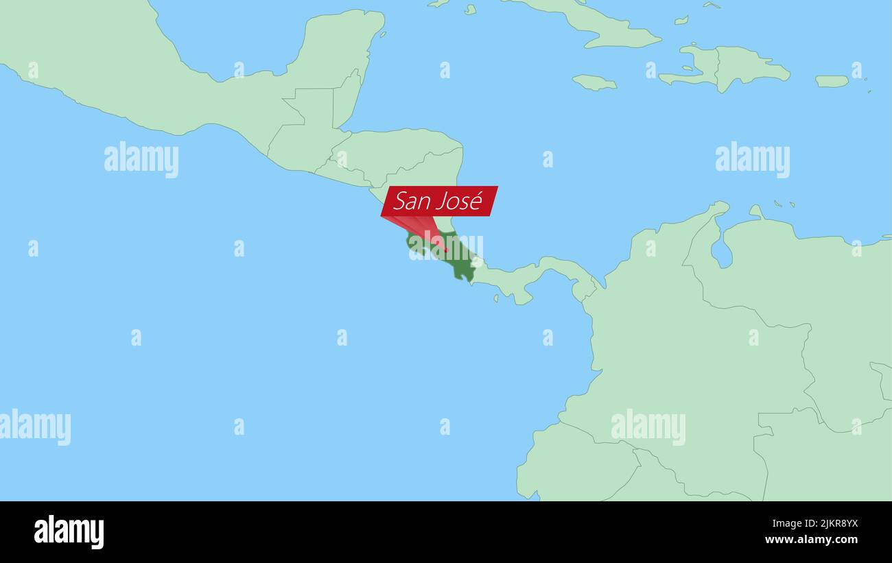 Map of Costa Rica with pin of country capital. Costa Rica Map with