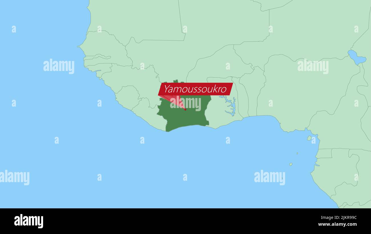 Map of Ivory Coast with pin of country capital. Ivory Coast Map with
