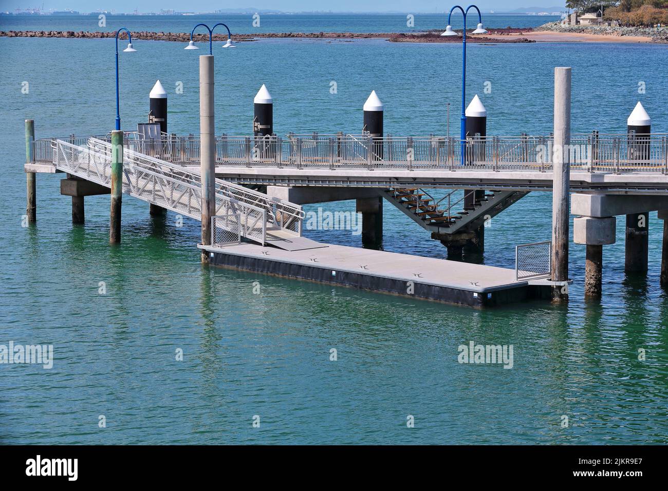 116 Floating pontoons at the Redcliffe Jetty head sheltered by a breakwater. Queensland-Australia. Stock Photo