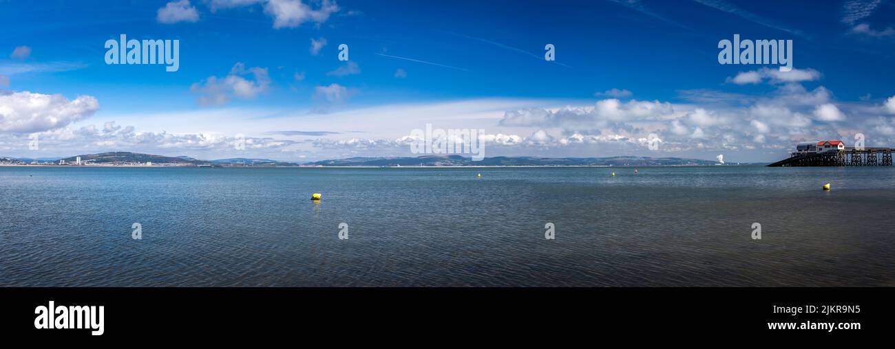 A wide panorama of Swansea Bay taking in Mumbles Pier, Port Talbot Steel Works, Aberavon Beach, University Bay Campus, Port Tennant, St Thomas and Swa Stock Photo