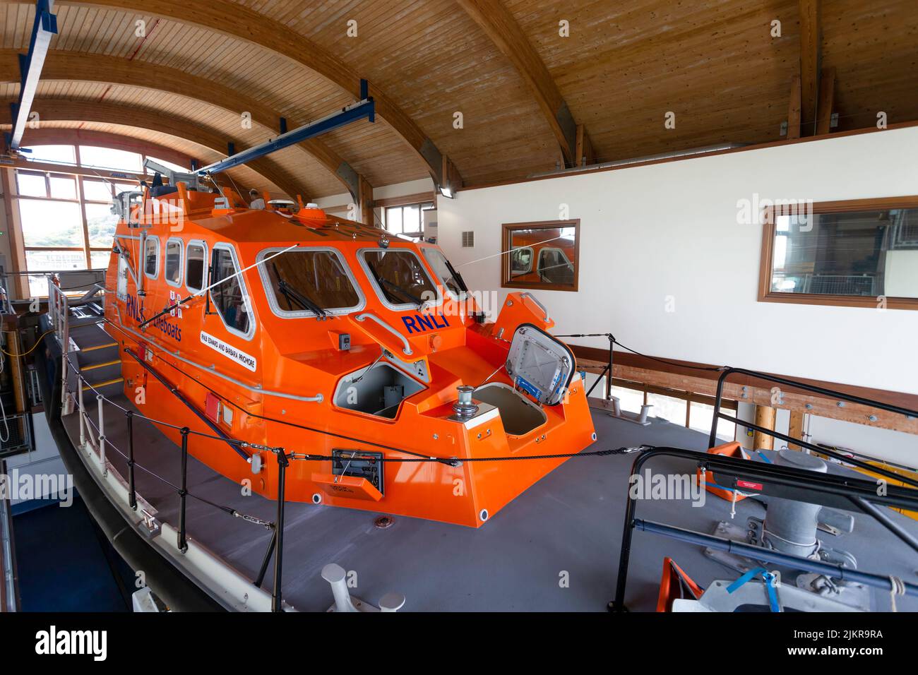 Editorial Swansea, UK - August 01, 2022:The RNLB Edward and Barbara Prigmore at the Mumbles lifeboat station on Mumbles Pier in Swansea, South Wales U Stock Photo
