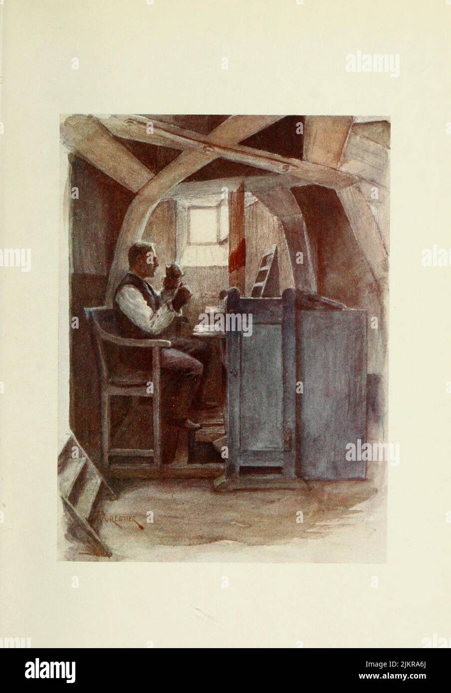 Bell-ringer Playing a Chime Painted by Amedee Forestier, from the book '  Bruges and West Flanders ' by George William Thomson Omond, Publication date 1906 Publisher London : A. & C. Black Sir Amédée Forestier (Paris 1854 – 18 November 1930 London) was an Anglo-French artist and illustrator who specialised in historical and prehistoric scenes, and landscapes. Stock Photo