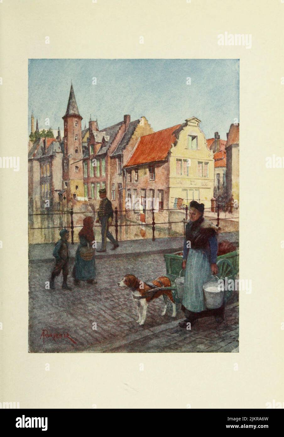Milkmaid with her dogcart at Bruges : Quai du Rosaire Painted by Amedee Forestier, from the book '  Bruges and West Flanders ' by George William Thomson Omond, Publication date 1906 Publisher London : A. & C. Black Sir Amédée Forestier (Paris 1854 – 18 November 1930 London) was an Anglo-French artist and illustrator who specialised in historical and prehistoric scenes, and landscapes. Stock Photo