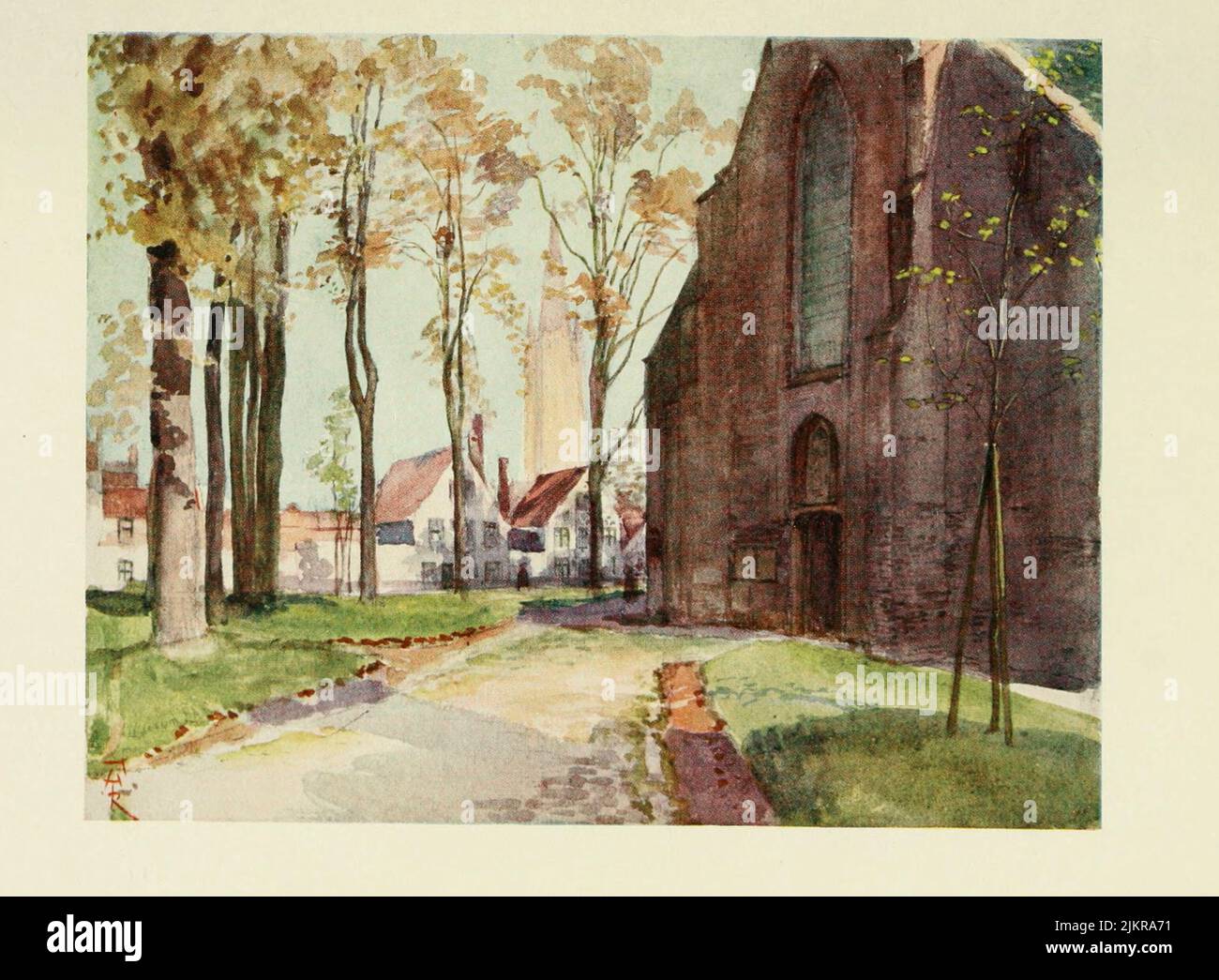 Bruges : The Béguinage Painted by Amedee Forestier, from the book '  Bruges and West Flanders ' by George William Thomson Omond, Publication date 1906 Publisher London : A. & C. Black Sir Amédée Forestier (Paris 1854 – 18 November 1930 London) was an Anglo-French artist and illustrator who specialised in historical and prehistoric scenes, and landscapes. Stock Photo