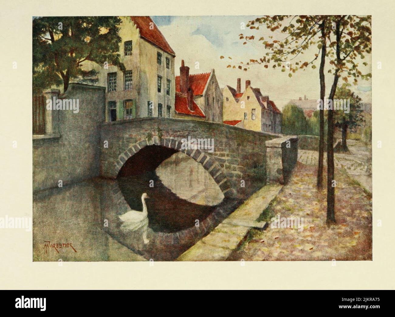 Bruges : Quai des Marbriers Painted by Amedee Forestier, from the book '  Bruges and West Flanders ' by George William Thomson Omond, Publication date 1906 Publisher London : A. & C. Black Sir Amédée Forestier (Paris 1854 – 18 November 1930 London) was an Anglo-French artist and illustrator who specialised in historical and prehistoric scenes, and landscapes. Stock Photo