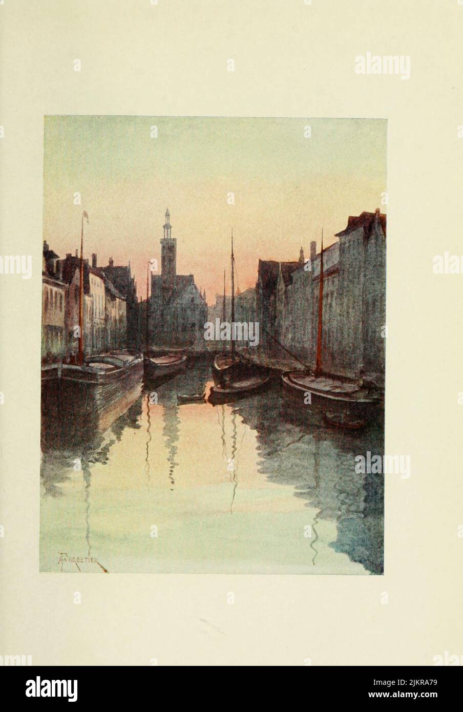 Bruges: Quai du Miroir Painted by Amedee Forestier, from the book '  Bruges and West Flanders ' by George William Thomson Omond, Publication date 1906 Publisher London : A. & C. Black Sir Amédée Forestier (Paris 1854 – 18 November 1930 London) was an Anglo-French artist and illustrator who specialised in historical and prehistoric scenes, and landscapes. Stock Photo