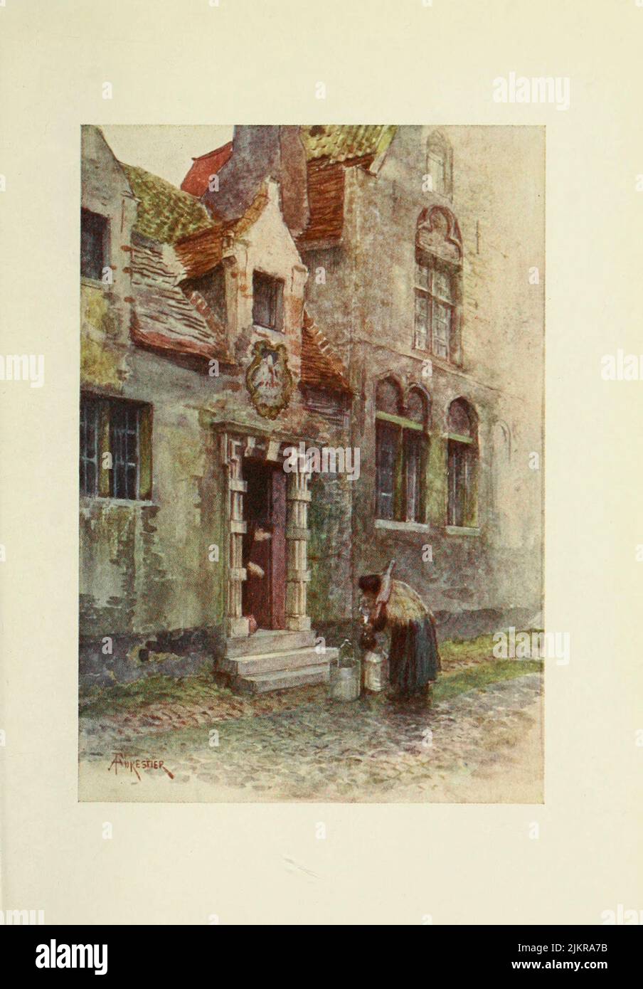 Bruges: Maison du Pélican (Almshouse) Painted by Amedee Forestier, from the book '  Bruges and West Flanders ' by George William Thomson Omond, Publication date 1906 Publisher London : A. & C. Black Sir Amédée Forestier (Paris 1854 – 18 November 1930 London) was an Anglo-French artist and illustrator who specialised in historical and prehistoric scenes, and landscapes. Stock Photo