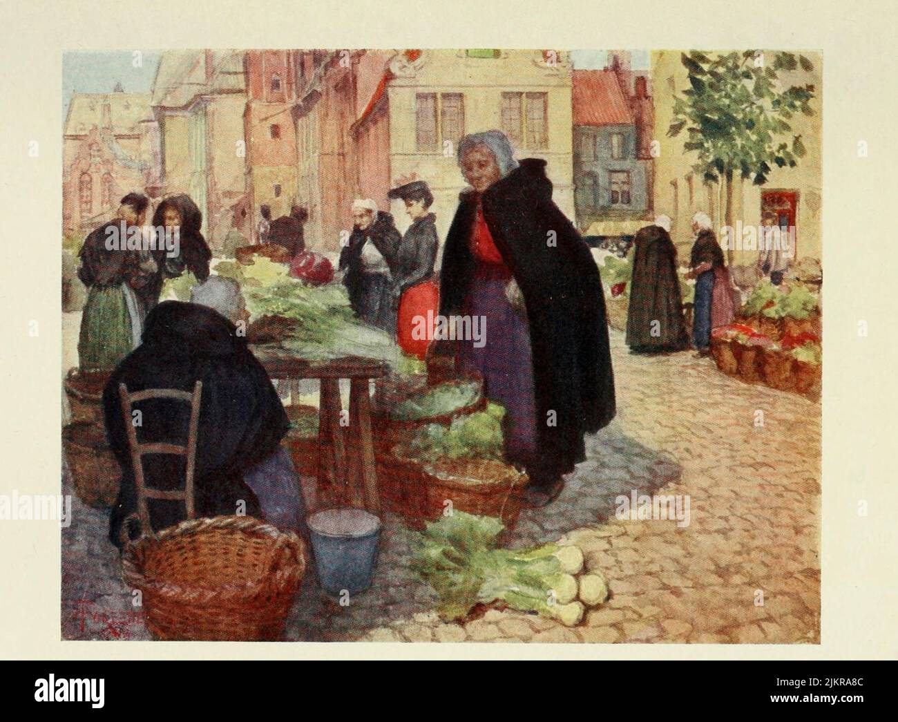 Bruges: Vegetable Market Painted by Amedee Forestier, from the book '  Bruges and West Flanders ' by George William Thomson Omond, Publication date 1906 Publisher London : A. & C. Black Sir Amédée Forestier (Paris 1854 – 18 November 1930 London) was an Anglo-French artist and illustrator who specialised in historical and prehistoric scenes, and landscapes. Stock Photo