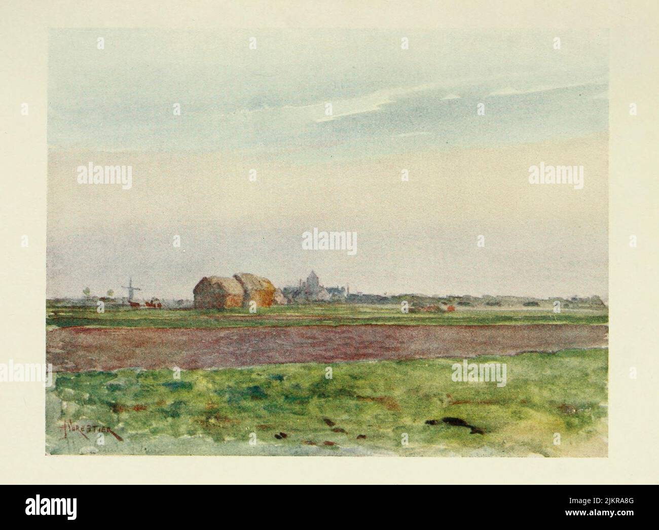 The Flemish Plain Painted by Amedee Forestier, from the book '  Bruges and West Flanders ' by George William Thomson Omond, Publication date 1906 Publisher London : A. & C. Black Sir Amédée Forestier (Paris 1854 – 18 November 1930 London) was an Anglo-French artist and illustrator who specialised in historical and prehistoric scenes, and landscapes. Stock Photo